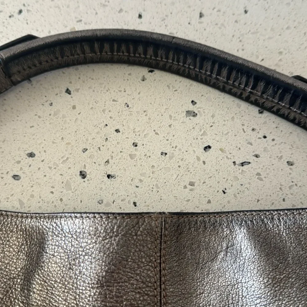 Burberry Warrior Metallic Pewter Leather Satchel Shoulder Handbag Hobo Ruched